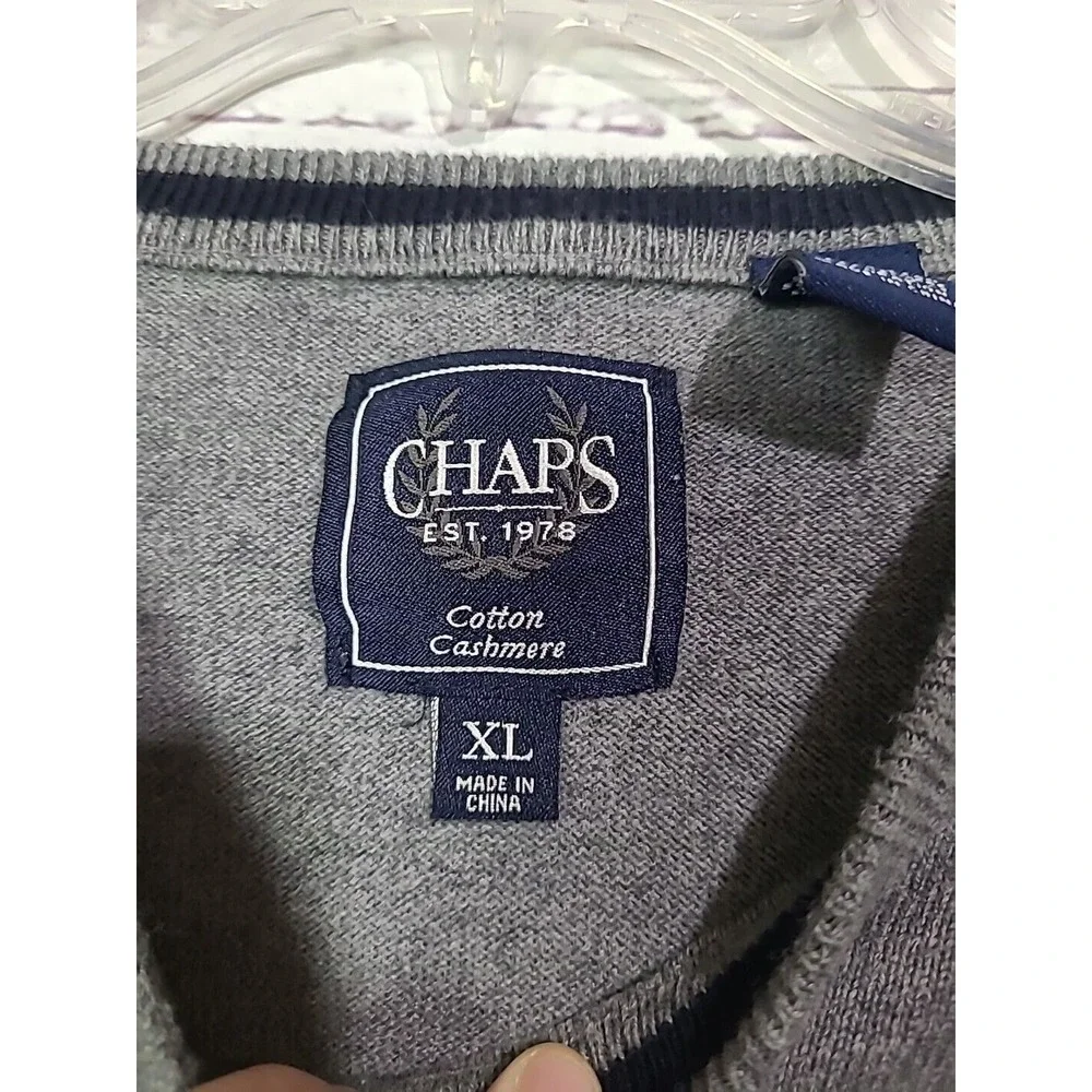 Chaps Gray Classic Fit Cashmere Blend V-Neck Knit Pullover Sweater Men's Size XL